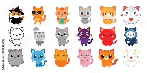 Vector art of collection of twentyfour cute cartoon cats with various expressions, isolated on white background