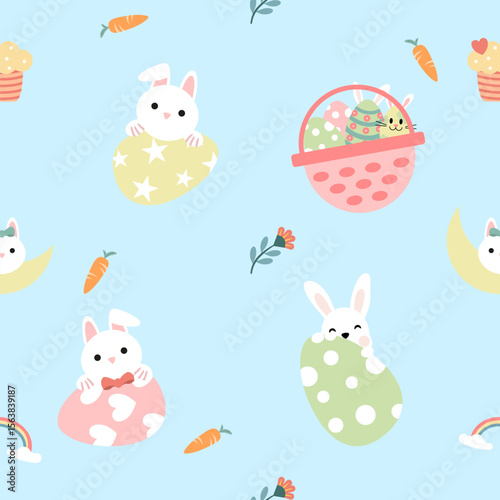 Seamless pattern of Easter bunnies, eggs, and flowers. Vector graphics.