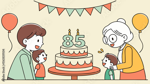 85th Birthday Celebration with Family, Cake, and Balloons Illustration