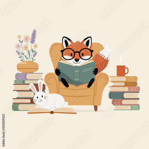 Cozy Fox Reading books With Bunny