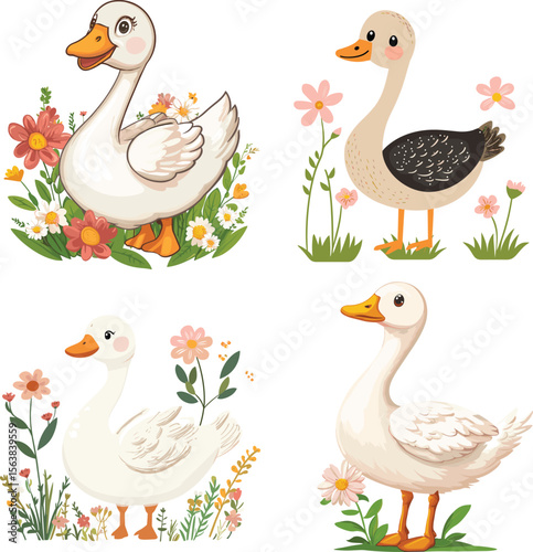 Cute Goose with flower vector style on white background