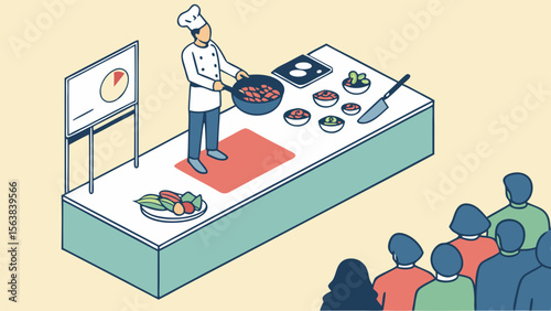 Culinary Demonstration Class: Chef teaching cooking to an audience in an isometric illustration with ingredients