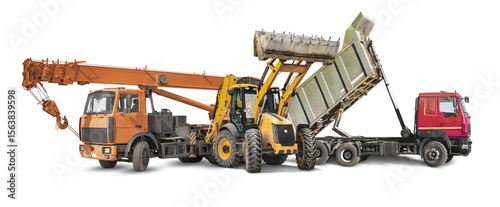 Boldly colored construction machinery showcases versatility and power, ready for rental opportunities to assist in various construction tasks at any site location. Crane, dump truck and loader.