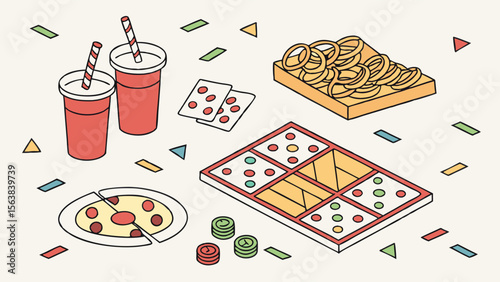 Isometric Party Game Night Fun: Pizza, Drinks, Board Game, Snacks & Confetti Illustration