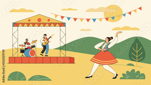 Outdoor Folk Music Festival Scene with Live Band and Traditional Dancer. Summer Celebration Illustration.