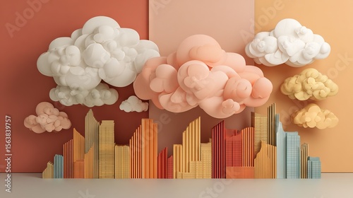 Whimsical Paper Cityscape with Layered Clouds in Soft Pastel Tones Featuring Stylized Buildings and Dreamy Atmospheric Art Composition