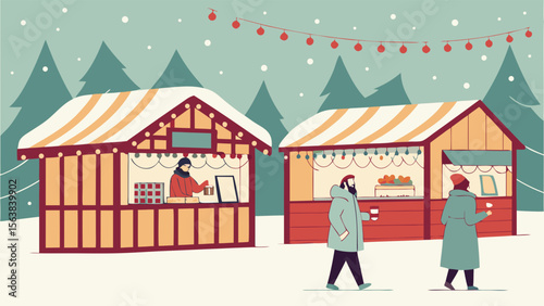 Festive Winter Market Illustration: People Enjoying Christmas Stalls, Snow, and Holiday Atmosphere