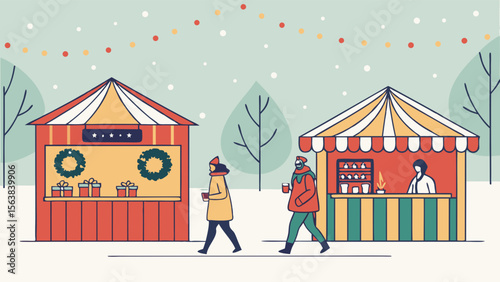 Cozy Winter Market Illustration with Shoppers and Festive Stalls