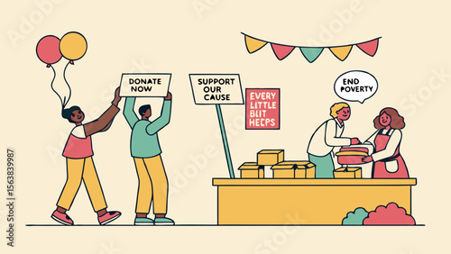 Community Charity Event Illustration: Volunteers Offer Food Aid, Support, and Advocate for Poverty Relief