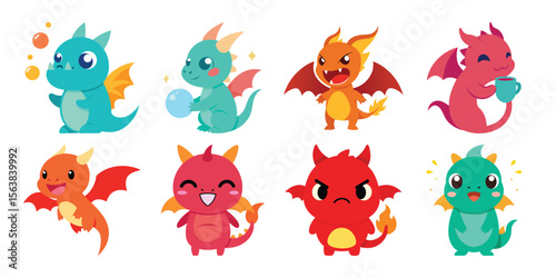 Vector art of eight cute baby dragons in various poses and expressions, isolated on white background