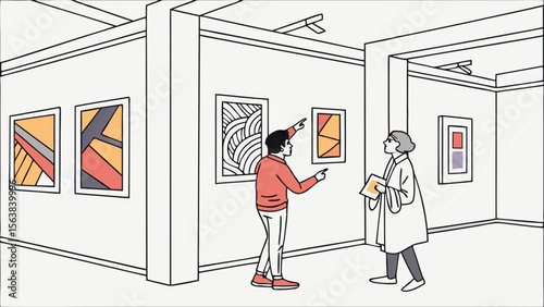 Art Gallery Visitors Admiring Abstract Paintings in a Modern Exhibition