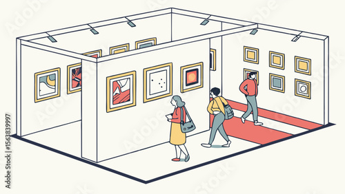 Isometric Art Gallery Exhibition with Visitors Viewing Paintings and Artwork
