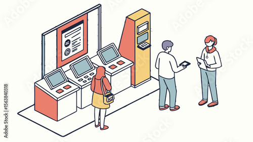 Isometric Illustration of People Interacting at an Exhibition Booth with Digital Kiosks and Staff