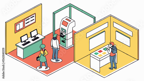 Isometric illustration of people using various digital services and kiosks in a modern public or office setting.
