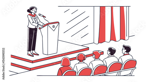 Female Speaker at Podium Addressing Audience in Conference Hall Line Illustration