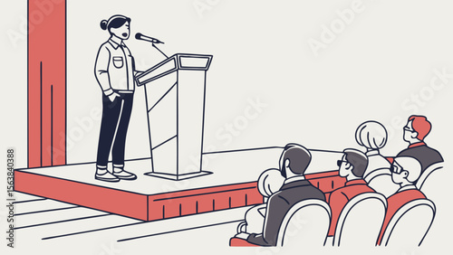 Speaker at a podium addressing an audience in a meeting or conference hall, line art illustration