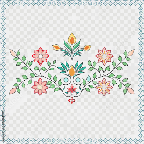 Vector Bengali Alpona Border with Pastel Floral Motifs on Transparent Background