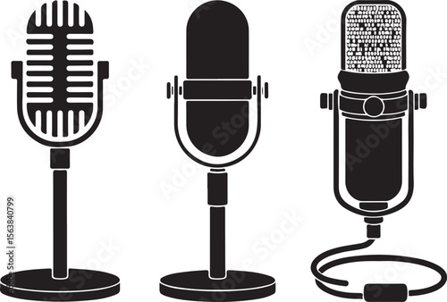 Three microphones on counter. White background. Silhouette microphone. Music icon, mic. Flat design, vector illustration