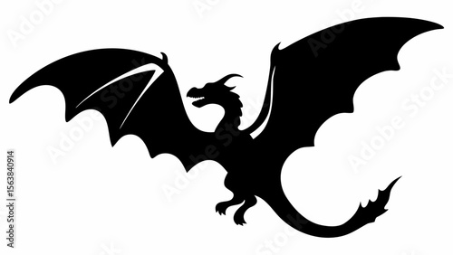 Silhouette of a dragon with large wings spread out and a long tail with spikes flying in the air view