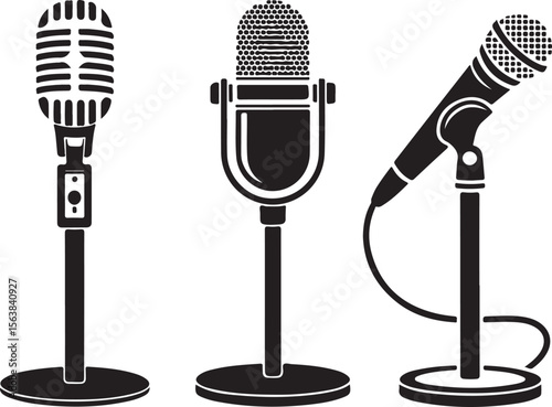 Three microphones on counter. White background. Silhouette microphone. Music icon, mic. Flat design, vector illustration