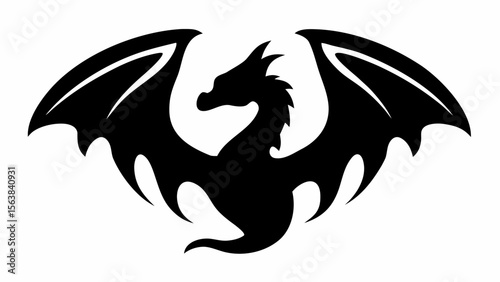 Silhouette of a dragon with large wings spread out in a symmetrical pose against a white background