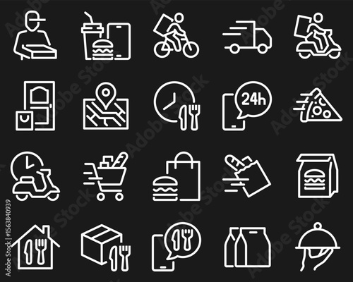 Simple Set of Food Delivery Related Vector Line Icons. Contains such Icons as Courier on the bike, Food Box, Contactless Delivery and more