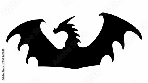 Silhouette of a dragon with large wings spread wide, facing left with a horned head and spiky back