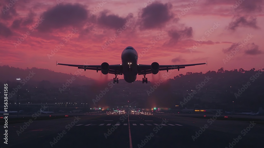 Naklejka premium Airplane Landing on Runway at Dusk