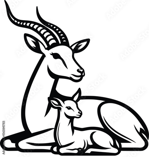 Antelope Doe and Fawn Line Drawing vector illustration isolated on a white background