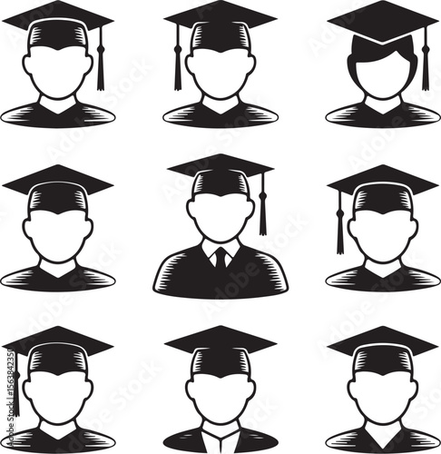 Vector black academic cap icons set