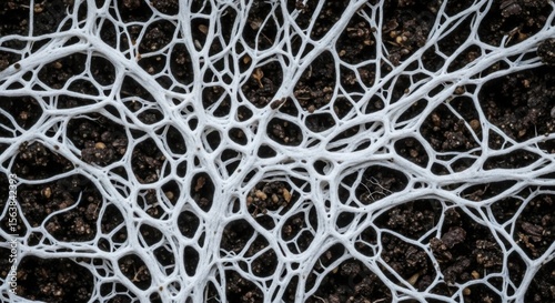 Intricate White Fungal Hyphae Network Intertwined Within Dark Soil Texture Background