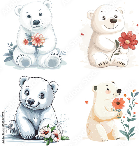Cute Polar bear with flower vector style on white background 