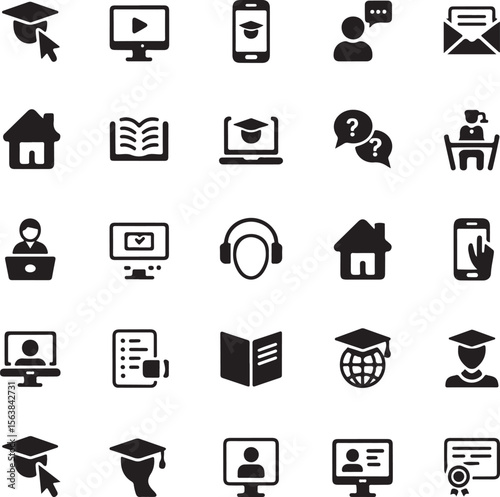 Vector set of online education flat icons. Contains icons remote learning, video lesson, online course, homework, online test, webinar, audio course and more
