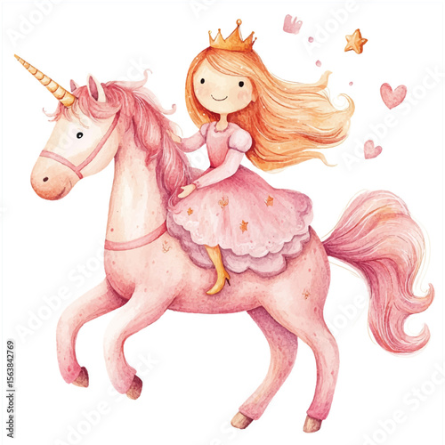 Watercolor Princess with Golden Crown Riding a Pink Unicorn Illustration