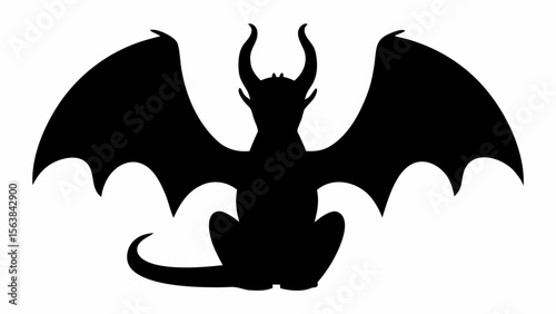 Silhouette of a horned dragon with large wings spread out sitting down facing away from the viewer