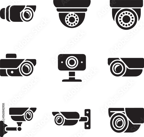 Video surveillance security cameras graphic icon pictograms set