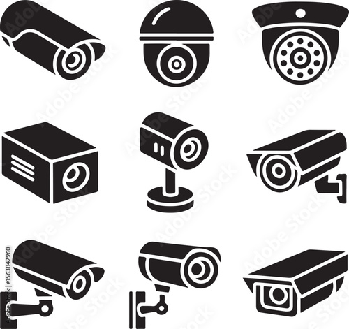 Video surveillance security cameras graphic icon pictograms set