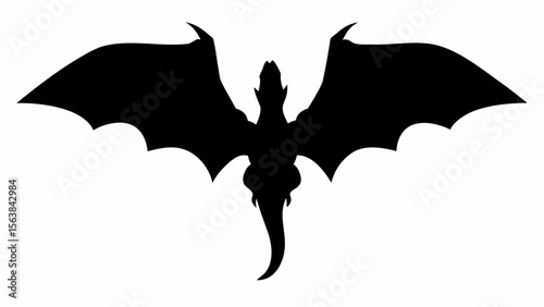 Silhouette of a dragon with large wings spread out and a long tail pointing downwards in a stark black color