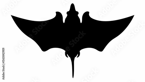Silhouette of a bat with wings spread wide and a pointed tail in a black and white illustration