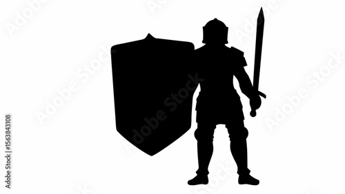 Silhouette of a knight standing with a shield and sword ready for battle in a stark black and white image