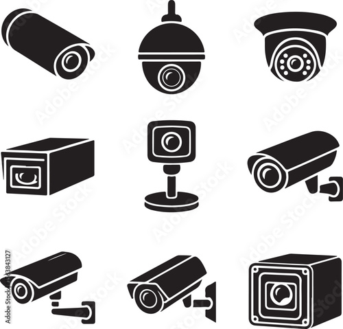 Video surveillance security cameras graphic icon pictograms set