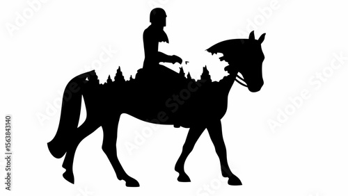 Silhouette of a horse with a rider and trees inside the horse shape on a white background image view