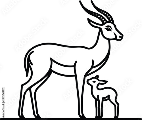 Antelope Doe and Fawn Line Drawing vector illustration isolated on a white background