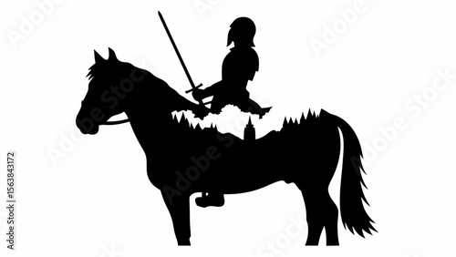 Silhouette of a knight riding a horse with a sword and a forest landscape inside the horse body