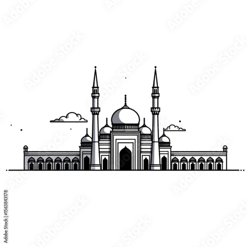 Elegant mosque illustration featuring domes and minarets in a detailed design