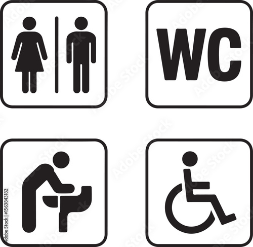 WC signs set. Man, woman, mother with baby and handicapped silhouettes isolated on white background. Male and female toilet door icons. Lady and gentleman restroom symbol. Cast logo concepts. Vector