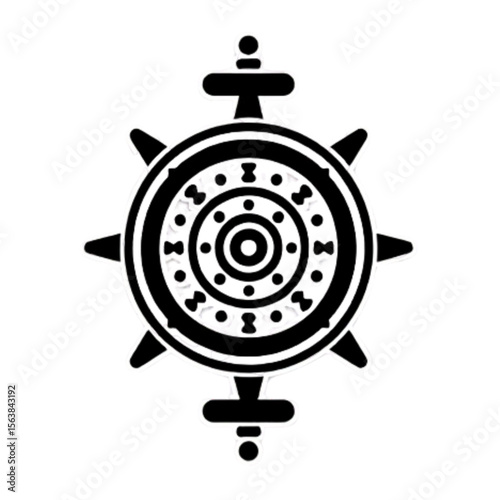 Stylized prayer wheel design featuring intricate symbols and patterns