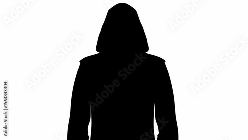 Silhouette of a person wearing a hooded cloak standing against a white background in a simple design