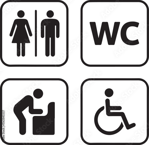 WC signs set. Man, woman, mother with baby and handicapped silhouettes isolated on white background. Male and female toilet door icons. Lady and gentleman restroom symbol. Cast logo concepts. Vector