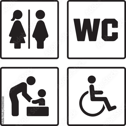 WC signs set. Man, woman, mother with baby and handicapped silhouettes isolated on white background. Male and female toilet door icons. Lady and gentleman restroom symbol. Cast logo concepts. Vector